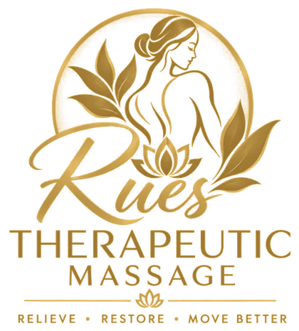 Rues Therapeutic Massage logo in gold